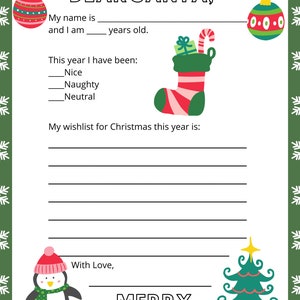 Querida carta de Santa, archivo imprimible, carta a Santa archivo digital, carta de Santa, carta a Santa, carta de niños a Santa, lista de deseos de Navidad