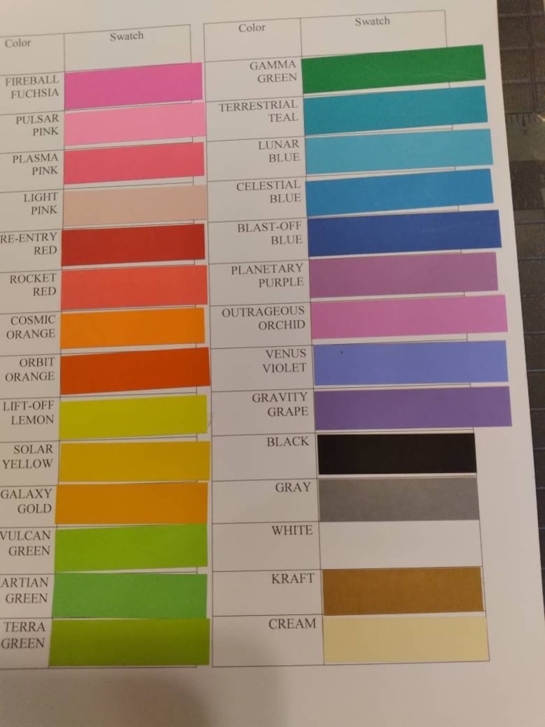 K&ouml;nnte beinhalten: Eine Farbkarte mit Farbmustern und Farbbezeichnungen. Die Karte enth&auml;lt eine Vielzahl von Farben, wie z. B. Rosa, Rot, Orange, Gelb, Gr&uuml;n, Blau, Lila, Schwarz, Grau, Wei&szlig;, Kraft und Creme. Jede Farbe ist mit ihrem Namen beschriftet.