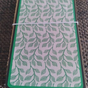 Puede incluir: Una baraja de cartas con un diseño de hojas verdes sobre un fondo blanco, enmarcada por un borde verde y un borde negro. Las cartas están sujetas con una banda elástica blanca. La baraja descansa sobre una superficie marrón.