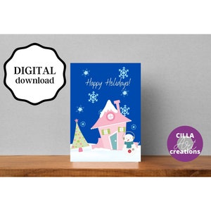 Cartões de Natal para impressão, cartão de boas festas, cartões de férias, cartões de Natal de cena de inverno, download instantâneo, cartão de Natal de boneco de neve