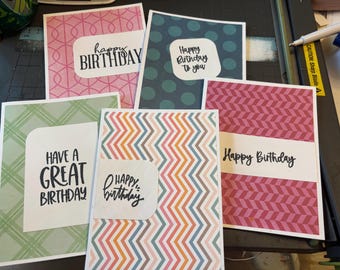 Handmade Birthday Card Set | Assorted Colorful Greetings, Blank Interior, Envelopes (5 Cards)