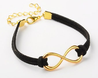 Gold Infinity Charm Bracelet - Faux Suede Cord, Adjustable Size