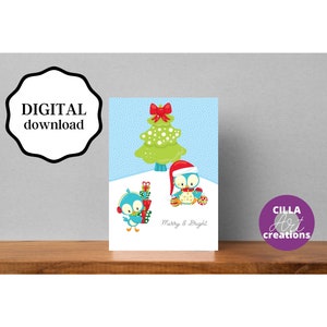 Cartões de Natal para impressão, cartão de boas festas, cartões de férias, download instantâneo de cartões de Natal, corujas e árvore de Natal Cartão de Natal