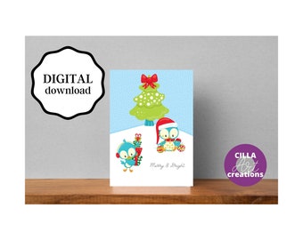 Holiday Owl Card: Merry & Bright Design - Instant Download