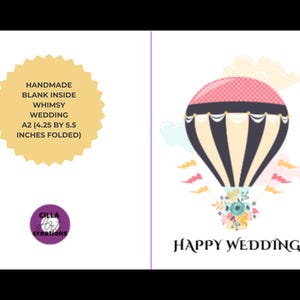 Puede incluir: Una tarjeta de boda caprichosa con una ilustración de globo aerostático con una parte superior a rayas rosa y negro, un cuerpo a rayas crema y negro y detalles florales. La tarjeta incluye el texto "Happy Wedding" y los detalles: "Handmade, Blank Inside, Whimsy Wedding, A2 (10,8 x 14 cm plegada)".