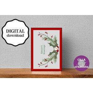 Cartões de Natal para impressão, cartão de boas festas, cartões de Natal de saudações da estação, download instantâneo, cartão de Natal de Holly and Berries