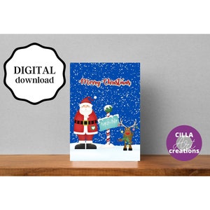 Cartoline di Natale stampabili, Cartoline di buone feste, Cartoline di auguri, Cartoline di Buon Natale Download istantaneo, Cartolina di Natale con Babbo Natale e renna