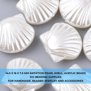 May include: White imitation pearl shell acrylic beads for DIY jewelry making. Each shell measures approximately 0.57 x 0.63 x 0.3 inches. The beads have a pearlescent finish and are ideal for handmade accessories.