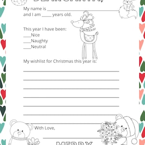 Carta de Querido Papá Noel, Archivo imprimible, Página para colorear de Carta a Papá Noel, Carta a Papá Noel, Carta a Papá Noel, Carta de niños a Papá Noel, Lista de deseos de Navidad