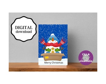 Snowman Christmas Card: Printable Holiday Sleigh Design