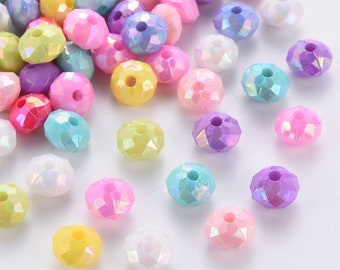 8mm x 5.5mm Faceted Round Acrylic Beads, Transparent, 1.5mm hole, AB Color Plated, Mixed color beads