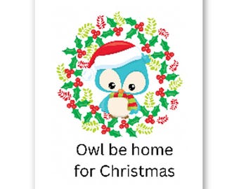 Owl Be Home For Christmas Cards, Pack of 10 Holiday Greeting Cards, Cute Blue Owl Wreath Christmas Card Set with Envelopes