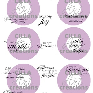Puede incluir: Una colección de diseños circulares con varios mensajes en escritura negra, incluyendo "Feliz cumpleaños" y "Gracias". Cada diseño presenta el texto "CILLA Art creations" dentro de un círculo lila claro, para diversas ocasiones.