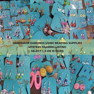 May include: A collection of handmade earrings, each displayed on a teal card. The earrings feature various beads in multiple colors and designs. Text on the image reads "HANDMADE EARRINGS USING BEADING SUPPLIES" and "MYSTERY EARRING LISTING".