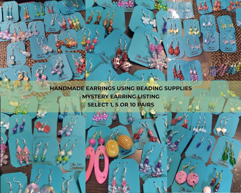 May include: A collection of handmade earrings, each displayed on a teal card. The earrings feature various beads in multiple colors and designs. Text on the image reads "HANDMADE EARRINGS USING BEADING SUPPLIES" and "MYSTERY EARRING LISTING".