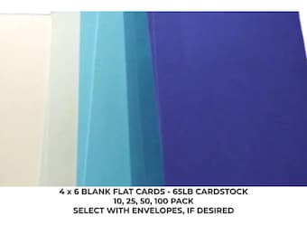 Könnte beinhalten: Ein Stapel 10,16 x 15,24 cm großer, leerer Flachkarten in Weiß, Hellblau und Dunkelblau. Der Text auf dem Bild lautet: 4 x 6 BLANK FLAT CARDS - 65LB CARDSTOCK, 10, 25, 50, 100 PACK, SELECT WITH ENVELOPES, IF DESIRED.