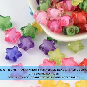 May include: A collection of colorful, transparent star-shaped acrylic beads. The beads are in various colors, including green, pink, purple, and red. Each bead measures approximately 0.47 x 0.43 x 0.31 inches. Ideal for DIY jewelry and accessories.