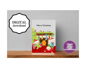 Printable Christmas Card: Festive Elves Scene - Cut & Fold PDF