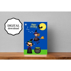 Printable Halloween Card, 5 by 7 Instant Download Halloween Card, Happy Halloween Witches and Cauldron Card, Handmade Halloween Note card