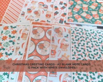 May include: Christmas greeting cards with various festive patterns, including teddy bears, holly, and gifts. The cards are A2 size and come in a 12-pack with white envelopes. The color scheme includes red, green, and white.