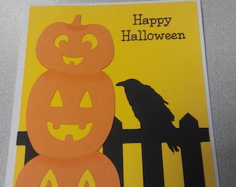 Handmade Halloween card, Happy Halloween card, pumpkin card, crow card, picket fence card, cricut card, homemade greeting card