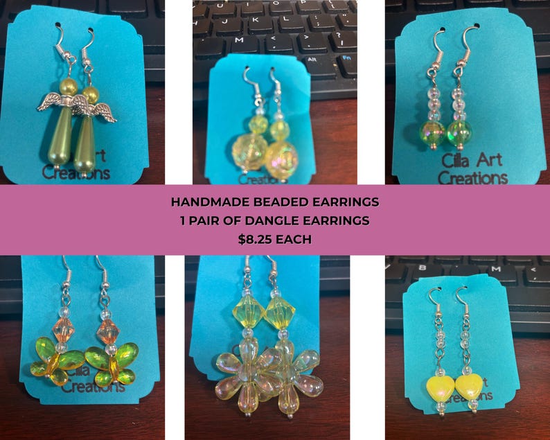 May include: A collection of handmade beaded dangle earrings in various designs. The earrings feature silver hooks and colorful beads, including angel wings, butterflies, and floral shapes. The text "HANDMADE BEADED EARRINGS" is visible.