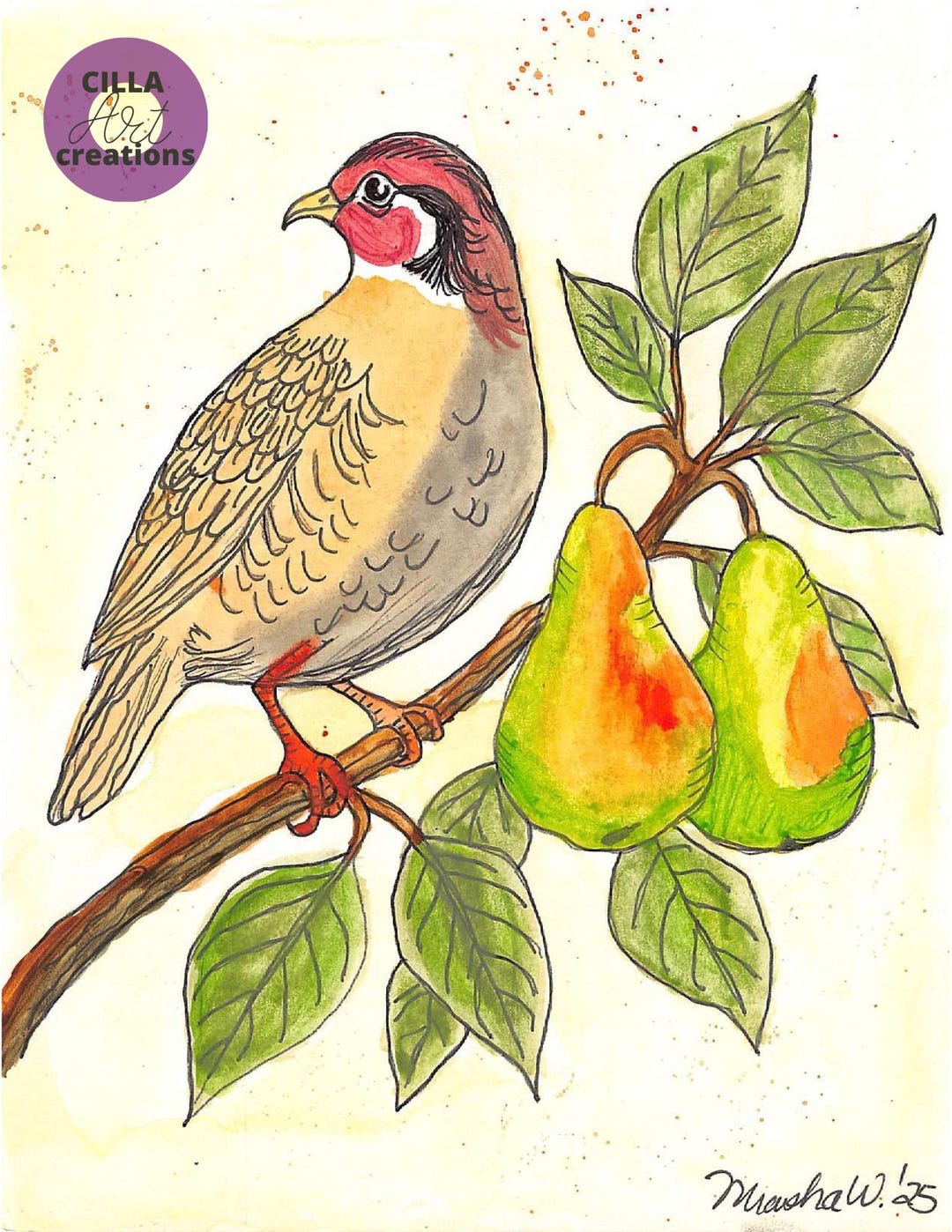 Partridge Pear Tree Art Print, Watercolor Bird Wall Art - Etsy