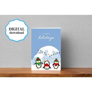 Cartões de Natal para impressão, cartão de boas festas, cartão de férias com 3 pinguins, cartão de Natal feito à mão, cartão de férias com download instantâneo
