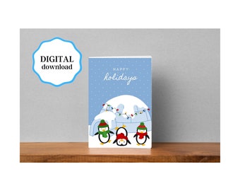 Happy Holidays Penguin Card: Printable Christmas Greeting (Instant Download)