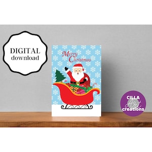 Biglietti di Natale stampabili, biglietto di buone feste, biglietto per appunti fatto a mano, biglietti di buon Natale con download istantaneo, biglietto con Babbo Natale e slitta