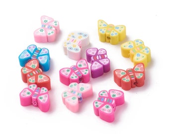 Handmade Polymer Clay Beads, Butterfly Shape, Mixed Color, 7~8.5x9~11.5x4.5~5mm, Hole: 2mm