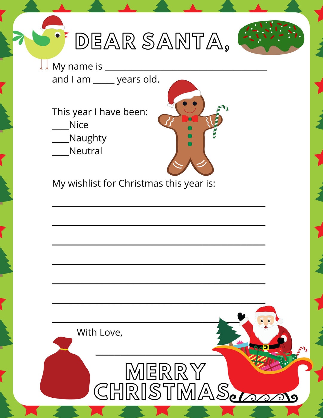 Dear Santa Letter Printable File Letter to Santa Digital File Santa