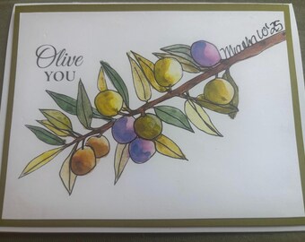 Olive You Card - Hand-Painted Botanical Design, Romantic Note