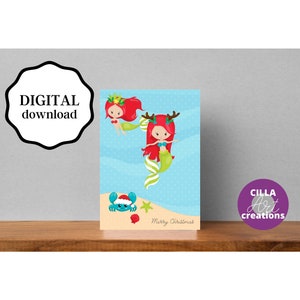 Biglietto di buone feste stampabile, biglietti di auguri per sirene, download istantaneo di cartoline di Buon Natale, biglietti di Natale per sirene