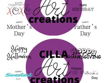 May include: Two purple circles with the text "CILLA Art creations" in a cursive font. Surrounding the circles are various holiday greetings, including "Merry Christmas," "Happy Valentine's Day," and "Happy Mother's Day."