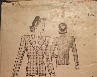 1940s Butterick Vintage Sewing Pattern #9313 - Women's and Misses' Jacket Blazer, in Either of Two Lengths Bust 40"