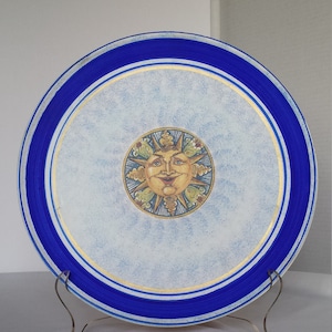Mexican Clay/Terracotta Sun Face Wall Hanging Large Plate/Platter Hand Painted Plaque