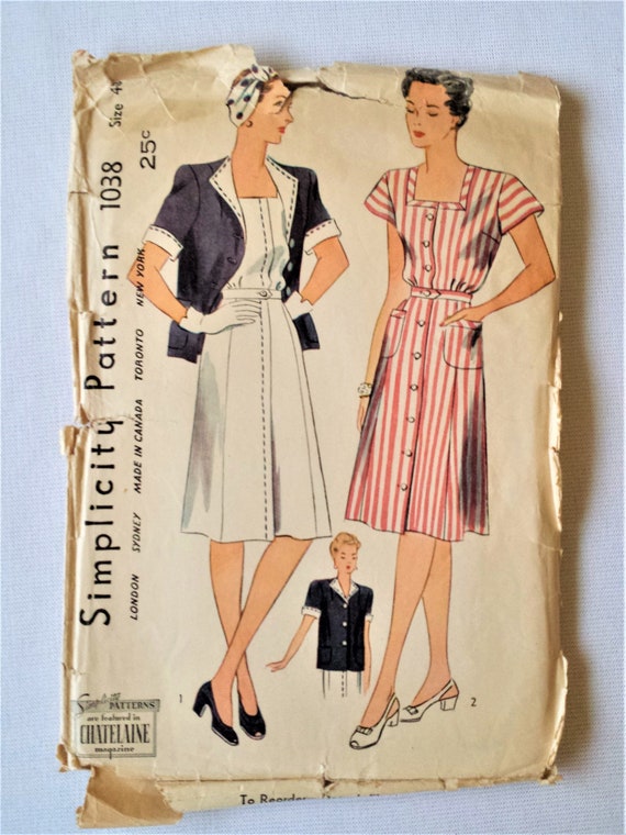 1940s Vintage Simplicity Sewing Pattern 1038 ca. 1944 Women's