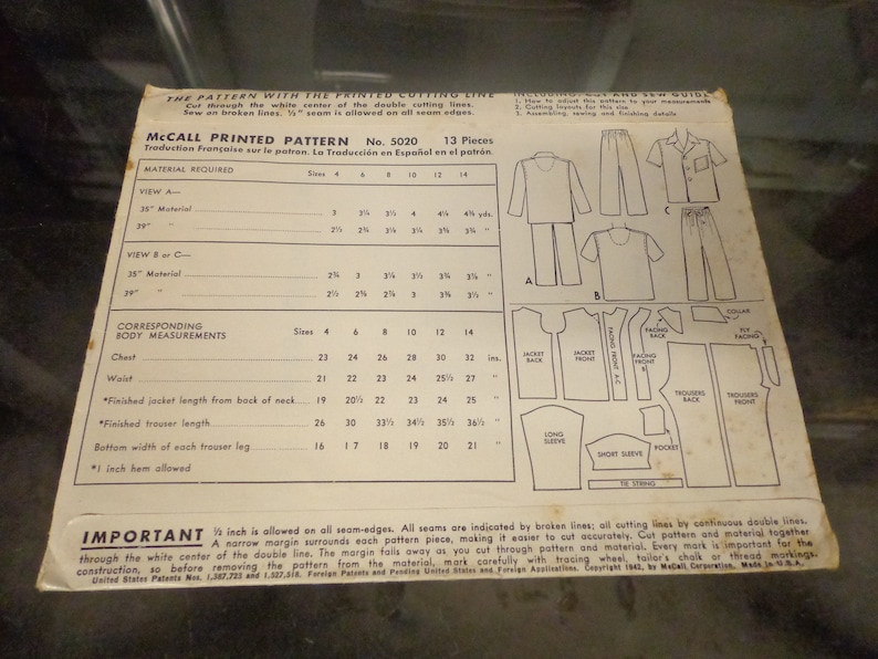 Size 6 1942 1940s McCall Vintage Sewing Pattern #5020 Boy/'s Two-Piece Pajamas