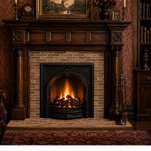 May include: A detailed shot of a fireplace with a roaring fire. The fireplace is framed by dark wood and brick, with a decorative black metal firebox. A rug and a chair are in the foreground. The room has a classic, vintage aesthetic.