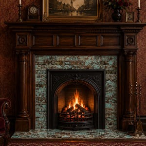May include: A dark wood fireplace mantel featuring an arched black metal firebox with a burning fire inside. The surround is composed of rectangular tiles with a mottled teal and brown finish, set against deep red patterned wallpaper.