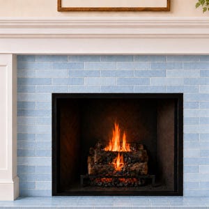 May include: A fireplace with a white mantel and light blue tiled surround. The firebox is black and contains burning logs with bright orange flames. The hearth and the wall above the firebox are tiled in a light blue color.
