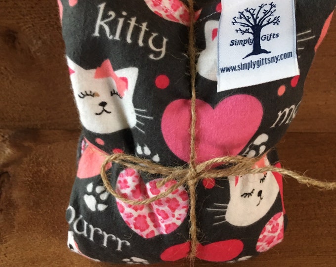 Extra Long Corn Bag - Gray and Pink Pretty kitty flannel - Hot and Cold Therapy, Moist Heat Benefits, Natural Pain Relief, Heat pad.