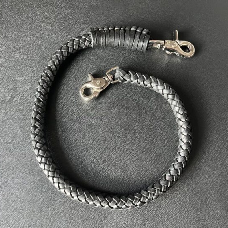 thumbnail image 2 of 25-Inch Twisted Biker Keychain - Braided Leather & Chain Jean Wallet Strap (Black/Brown/Red/Yellow) 2 of 5