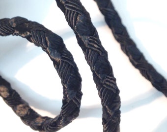 Shiny Black rayon wrapped cord, 1/4" wide, intricate design, vintage, 2 lots of 16 1/2 yards each.