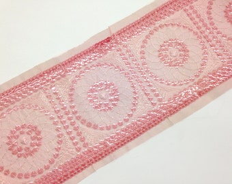 Wide Pink organza, embroidered, sequined  trim, vintage, 5" design on 6" backing, 3 2/3 yds per lot.