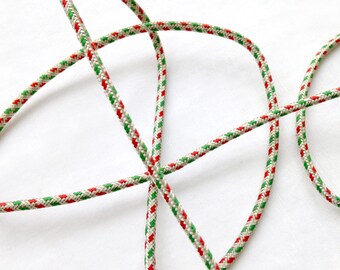 Red, Green, Silver Cord Trim, unusual, vintage, metal and cotton, 3/16 inch, 1 lot of 20 yds.