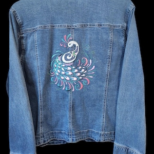 Upcycled Women&#39;s Denim Jacket Embroidered Peacock on Back - Size XXL