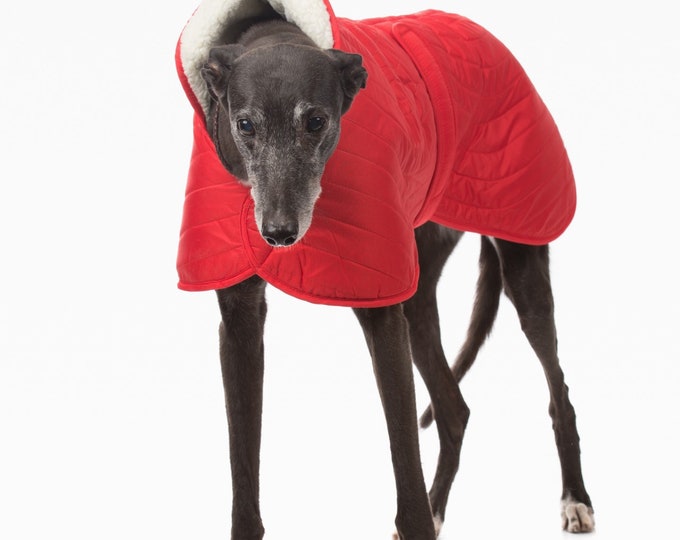 Whippet Quilted Coat, Waterproof Jacket, Fully lined, Greyt Sweaters. Crimson Red with Cream faux sheepskin lining