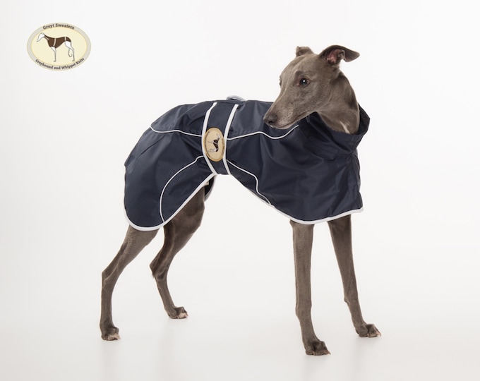 Greyhound, Lurcher & Whippet Lightweight Waterproof Rain Mac/Rain Jacket; fully lined, Greyt Sweaters. Navy Blue Colour